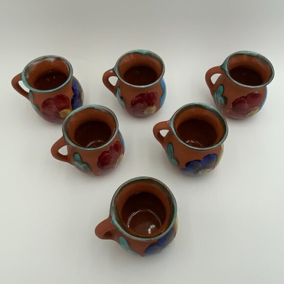 Set of 6 Mexican Clay Pottery Coffee Cup Chocolate Mug Hand Painted Flowers EUC - Picture 15 of 16